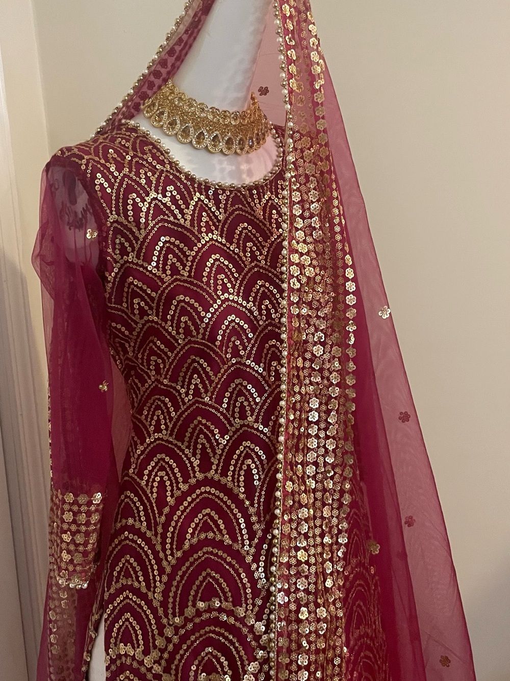 Elegant Maroon & Gold Embellished Women’s Dress